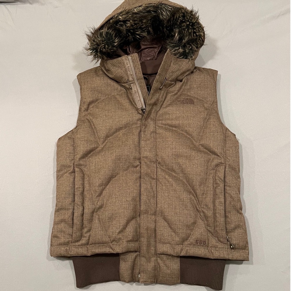 The North Face Womens 600 Down Vest Brown Tweed Faux Fur Hood L L/G